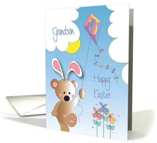Hand Lettered Easter for Grandson Bear in Bunny Ears Flying Kite card