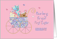 First Easter for Goddaughter Bear in Floral Stroller with Bear Hugs card