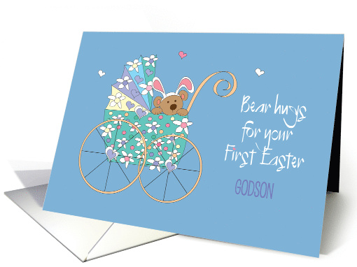 First Easter for Godson Bear in Floral Stroller with Bear Hugs card