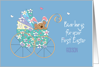 First Easter for Godson Bear in Floral Stroller with Bear Hugs card