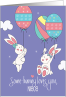 Easter for Niece White Bunnies Floating with Decorated Egg Balloons card