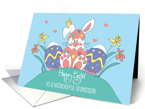 Easter for Grandson Bunny in Eggshell with Bird, Eggs and Flowers card