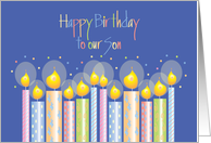 Birthday for Son, Colorful Bright Patterned Candles & Confetti card