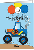 Hand Lettered Monster Truck 10th Birthday Balloons and Custom Name card