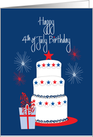 Birthday for July 4th with Cake, Fireworks and Stars card