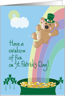 St. Patrick’s Day, Bear Sliding On Rainbow Into Pot of Gold card