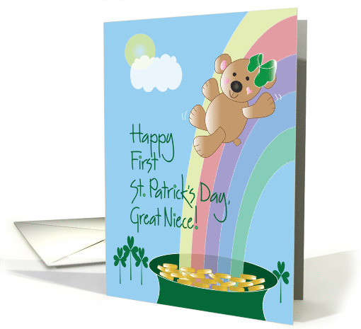 First St. Patrick's Day for Great Niece, Bear Sliding on Rainbow card