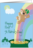 First St. Patrick’s Day, Bear with Bow Sliding on Rainbow card