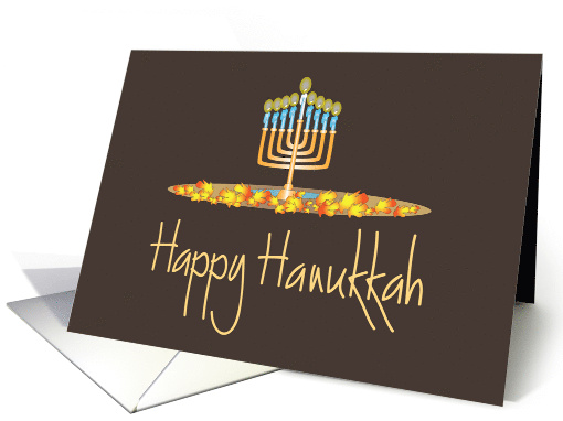 Hand Lettered Hanukkah, with Menorah and Autumn Leaves card (1242936)