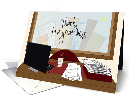 Hand Lettered Happy Boss's Day, Desk, Computer and Papers card