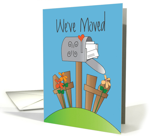 Hand Lettered We've Moved Announcement Mailbox Fence and Flowers card