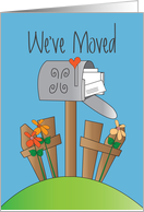 Hand Lettered We’ve Moved Announcement Mailbox Fence and Flowers card