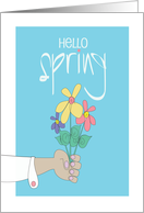 Hand Lettered Hello Spring, With Colorful Bouquet Offered in Hand card