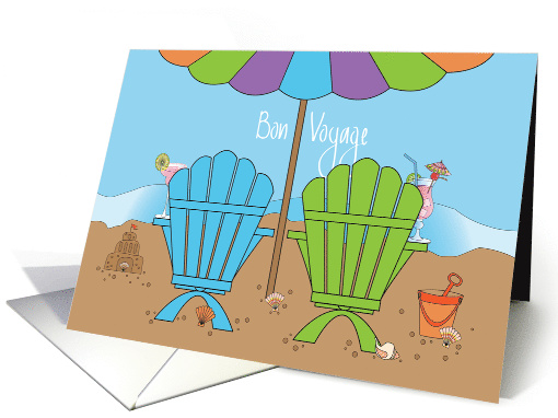 Bon Voyage, Colorful Beach Chairs, Cocktails & Rolling Waves card