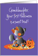 First Halloween for Granddaughter Black Kitty with Sweet Treat Candy card