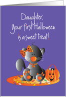 First Halloween for Daughter Black Kitty in Orange Polka Dot Bow card