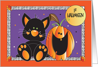 First Halloween for Child with Black Kitty and Smiling Jack O Lantern card