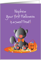 First Halloween for Nephew, Black Kitty with Sweet Treat Candy card