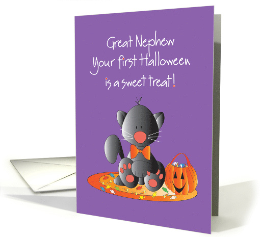 First Halloween for Great Nephew, Black Kitty with Candy card