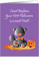 First Halloween for Great Nephew, Black Kitty with Candy card