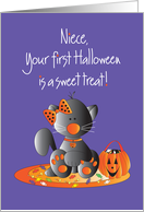 First Halloween for Niece Black Kitty in Orange Bow with Sweet Treats card