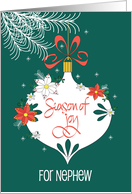 Hand Lettered Christmas for Nephew, Decorated Ornament with Bow card
