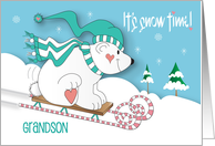 Hand Lettered Christmas Grandson Snow Time Bear Candy Cane Sledding card