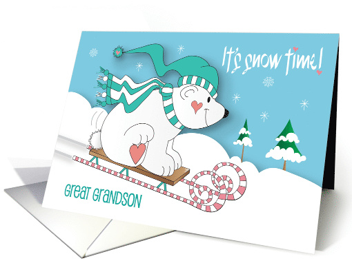 Hand Lettered Christmas Great Grandson Bear Candy Cane Sledding card