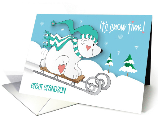 Hand Lettered Christmas Great Grandson Bear Sledding Down Snow card