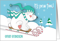 Hand Lettered Christmas Great Grandson Bear Sledding Down Snow card