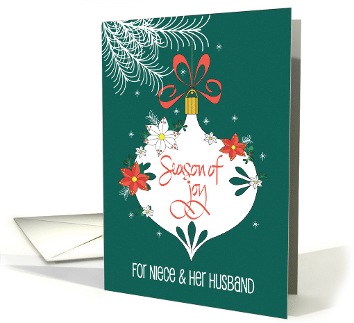 Christmas for Niece & Husband, Hand Lettered Floral Ornament card