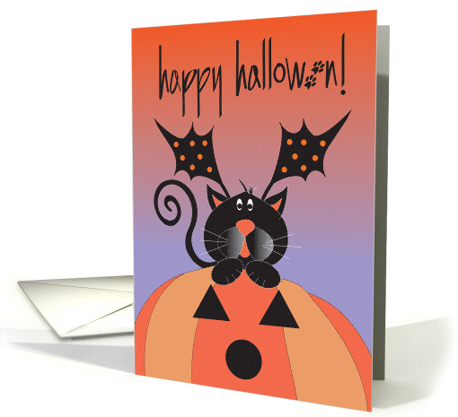 Hand Lettered Halloween with Black Cat in Pumpkin with Bat Ears card