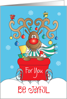 Christmas Reindeer in Red Sleigh, Large Ornamented Antlers & Birds card