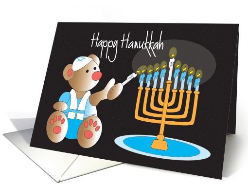 Hanukkah for Kids, Bear Lighting Menorah Candles & Hand Lettering card