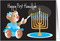 First Hanukkah for Kids, Bear in Bow Lighting Menorah Candles card