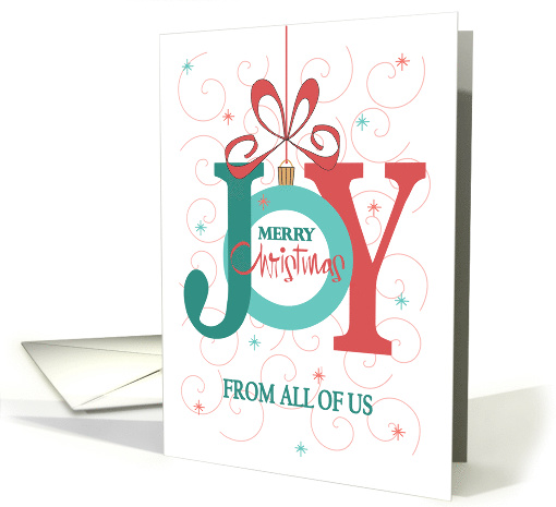 Hand Lettered Christmas from All of Us, Joy Ornament with Red Bow card