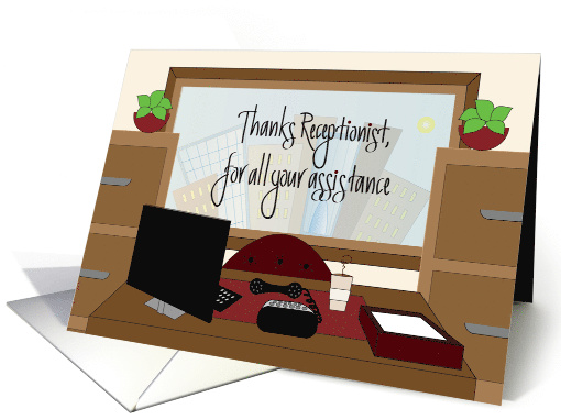 Receptionists Day, Desk with Phone, Computer and Coffee Cup card