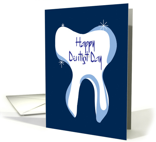 Happy Dentist Day, Gleaming White Tooth with Sparkles on Blue card