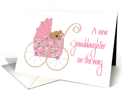 New Granddaughter on the Way, Bear in Pink Floral Stroller card