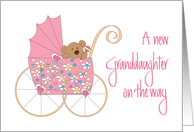 New Granddaughter on the Way, Bear in Pink Floral Stroller card