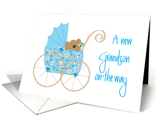 New Grandson on the Way, Bear in Blue Floral Stroller card (1280764)
