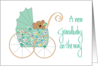 New Grandbaby on the Way, Bear in Mint Green Floral Stroller card