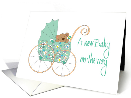 New Baby on the Way, Bear in Mint Green Floral Stroller card (1281094)