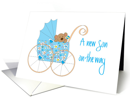 New Baby Son on the Way, Bear in Blue Floral Stroller card (1281100)