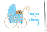 New Baby Son on the Way, Bear in Blue Floral Stroller card
