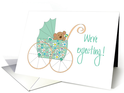 We're expecting Announcement, Bear in Mint Green Floral Stroller card