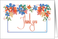 Hand Lettered Thank you with Colorful Floral Canopy and Blue Border card