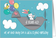Birthday for 4 Year Old Up Up and Away Bunny Flying Plane in Party Hat card
