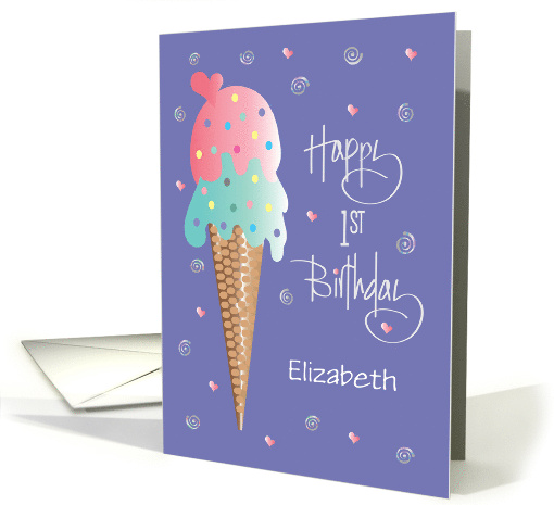 Birthday for 1 Year Old, Double Stack Ice Cream Cone, Custom Name card