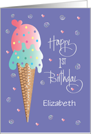 Birthday for 1 Year Old, Double Stack Ice Cream Cone, Custom Name card